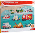Puzzle de encaixe Hape Meios de Emergência com 8 veículos coloridos de madeira, incluindo bombeiros e ambulância, na embalagem.