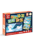 Puzzle de madeira Hape com ilustrações de animais e suas crias para encaixar