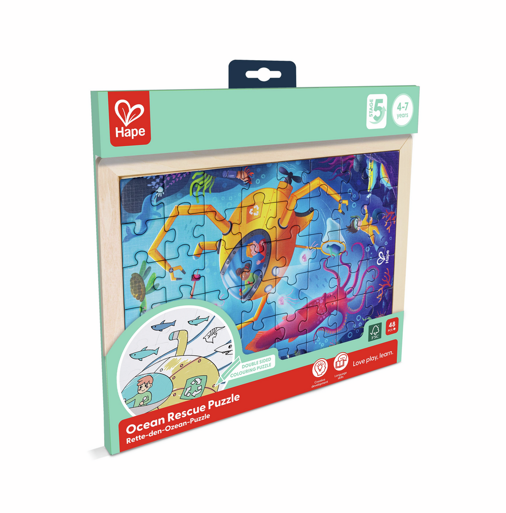 Puzzle de madeira Hape Resgate no Oceano com 48 peças e bandeja de base