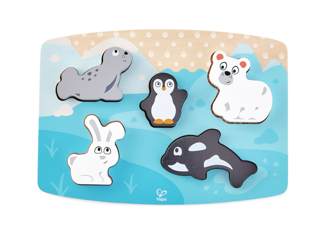 Puzzle tátil da Hape com animais do Ártico e texturas diferentes