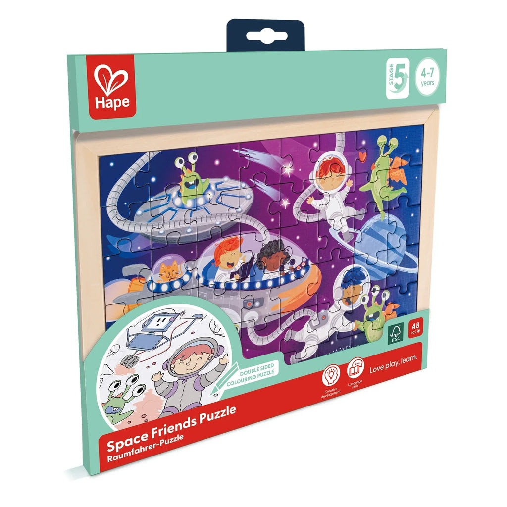 Hape Puzzle de madera Amigos en el espacio 2 en 1