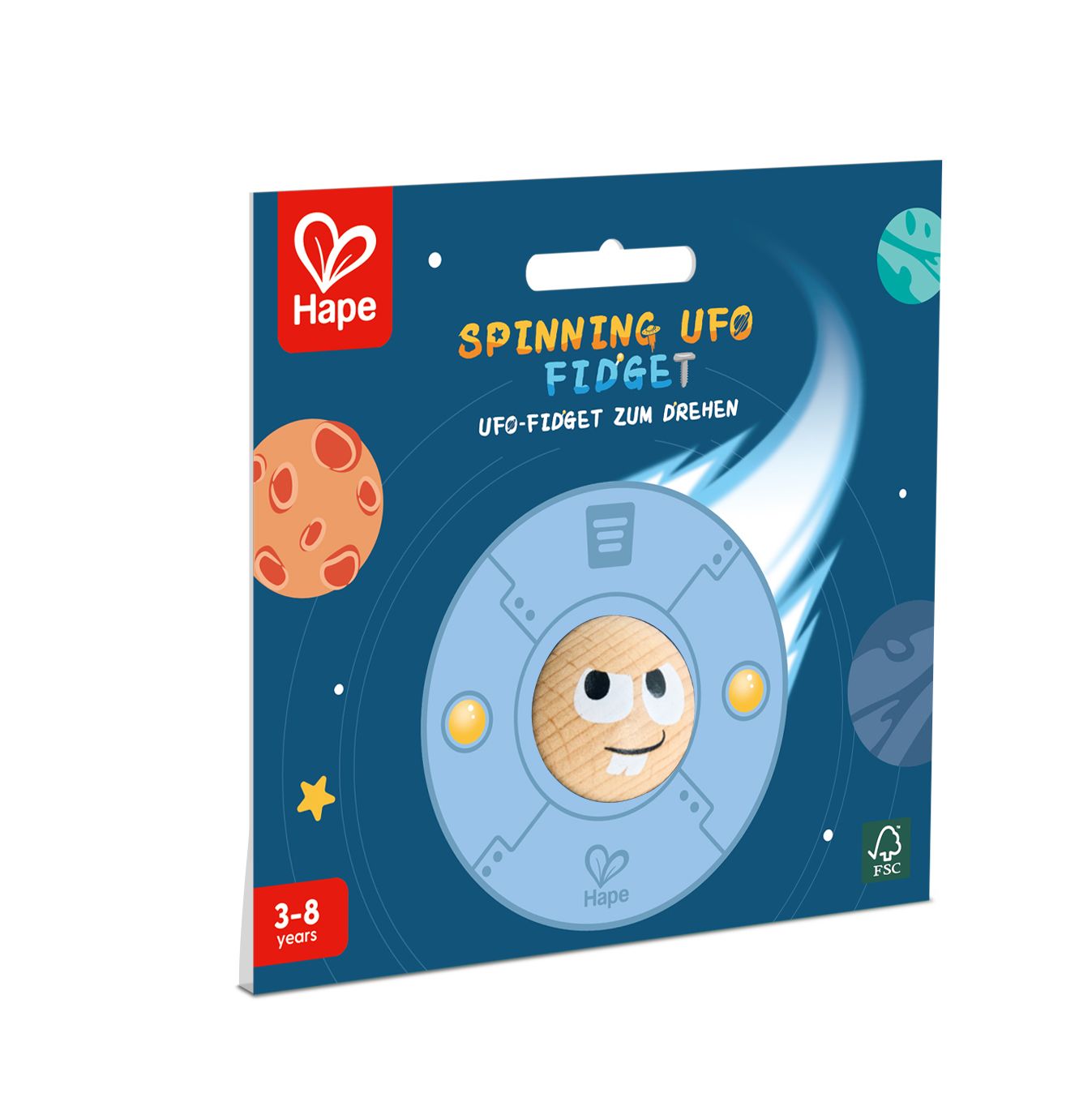 Hape Spinning UFO Fidget toy em forma de disco voador colorido e ergonómico para foco sensorial.