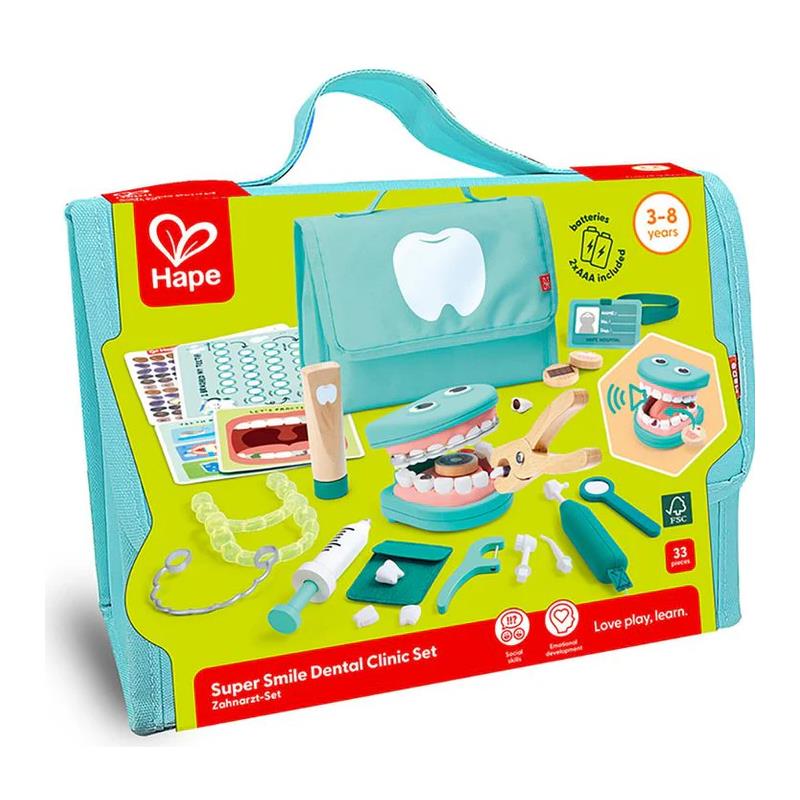 Hape Conjunto Dentista Super Smile, com mala de transporte aberta e todos os 33 acessórios visíveis, incluindo o modelo de boca e instrumentos.