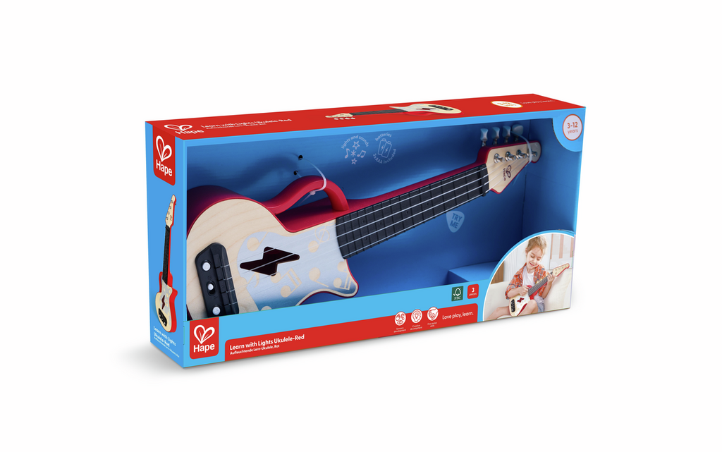 Ukulele eletrónico Hape com luzes guia no braço para aprendizagem musical infantil em tons de madeira e azul.