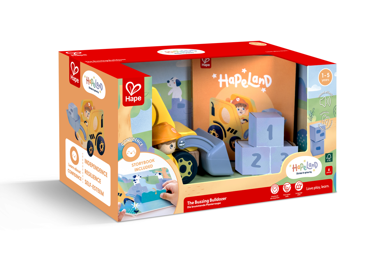 Set de veículo de construção em madeira Hape com figura e livro ilustrado