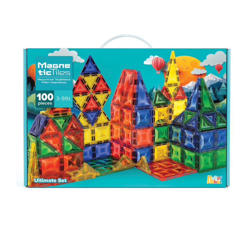 Conjunto de blocos de construção magnéticos HappiHobbi com 100 peças coloridas