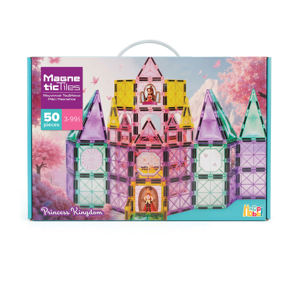 Conjunto de blocos magnéticos HappiHobbi Castelo com 50 peças e figuras de príncipe e princesa