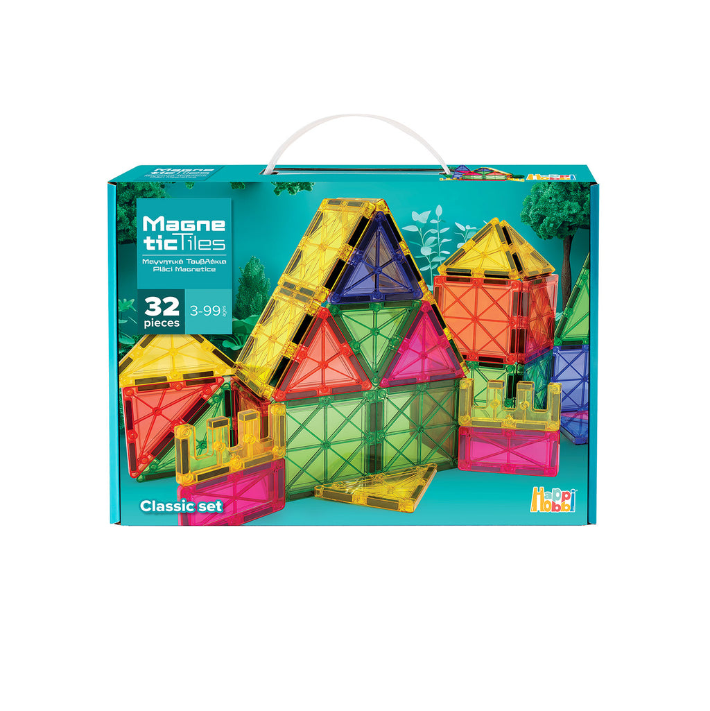 Conjunto de blocos magnéticos coloridos HappiHobbi Classic de 32 peças para construções