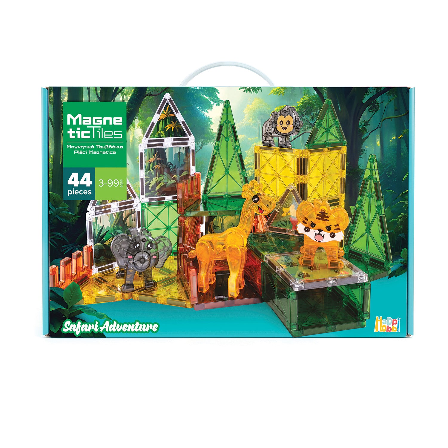 Conjunto de blocos magnéticos HappiHobbi Safari Adventure com figuras de animais e 44 peças