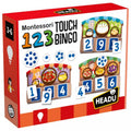 Jogo Headu 123 Touch Bingo Montessori com fichas de números e quantidades em bolsa de algodão.