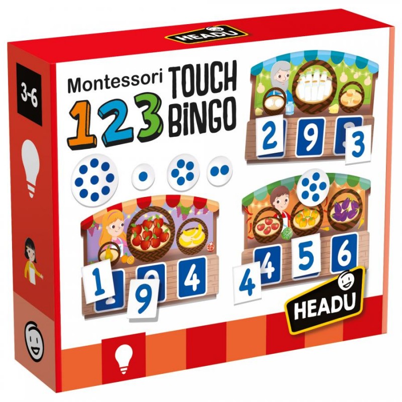 Jogo Headu 123 Touch Bingo Montessori com fichas de números e quantidades em bolsa de algodão.
