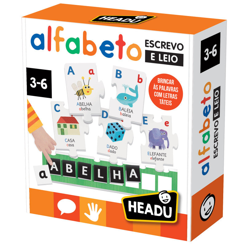 Jogo educativo Alfabeto Leio e Escrevo da Headu mostrando o puzzle grande e as letras táteis coloridas para crianças.
