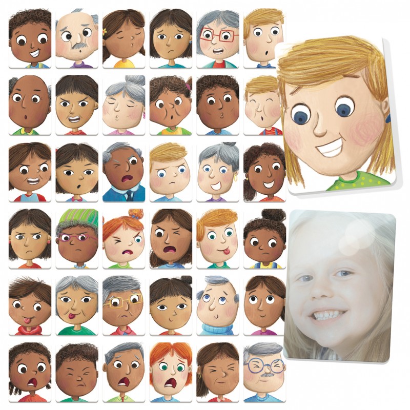 Diversas cartas do jogo Headu Caretas ao Espelho mostrando uma variedade de expressões faciais para as crianças imitarem.