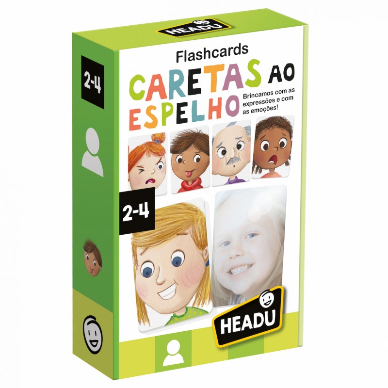Jogo educativo Headu Caretas ao Espelho para crianças de 2 a 4 anos, estimulando a expressão e reconhecimento de emoções.