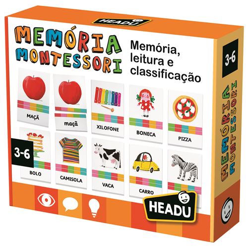 Caixa do jogo Headu Memória Montessori para crianças 3-6 anos, com exemplos de cartas de imagens e palavras.