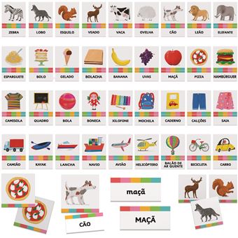 Cartas do jogo Headu Memória Montessori com imagens e palavras (maiúsculas/minúsculas) para memória, leitura e classificação.