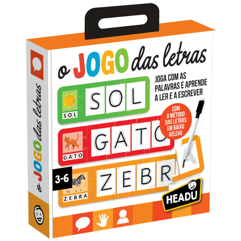 Jogo das Letras Headu com peças de cartão FSC, letras em relevo e roda da sorte para alfabetização infantil.