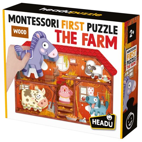 Caixa do puzzle Headu "A Quinta" com peças de madeira de animais a serem encaixadas na base da quinta.