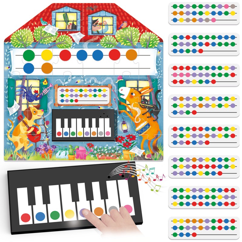 Componentes do Headu Puzzle A minha primeira escola de musica: puzzle, teclado e partituras coloridas.