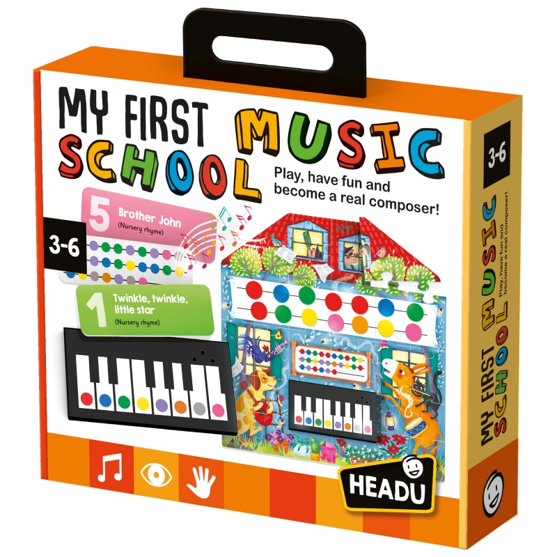 Caixa do Headu Puzzle A minha primeira escola de musica, mostrando o jogo e idade 3-6 anos.