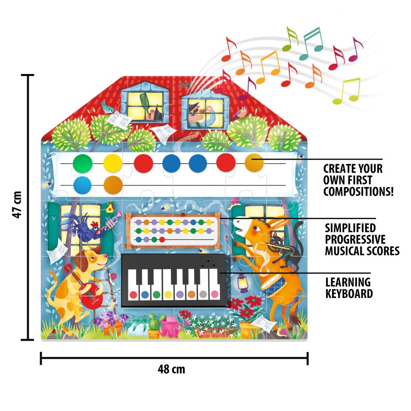 Puzzle musical Headu A minha primeira escola de musica completo com dimensoes e funcionalidades.