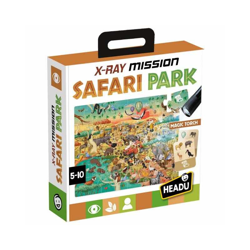 Crianca a montar o puzzle Headu Safari Park e a usar a lanterna UV para descobrir animais escondidos