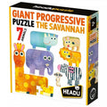 Conjunto de 7 puzzles progressivos da Headu com ilustrações de animais da savana para crianças.