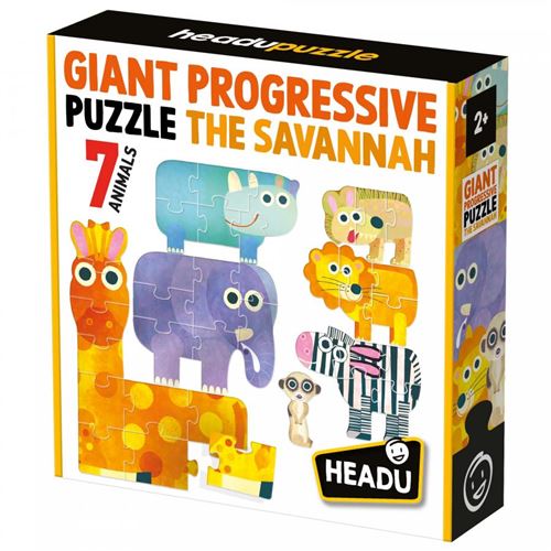 Conjunto de 7 puzzles progressivos da Headu com ilustrações de animais da savana para crianças.