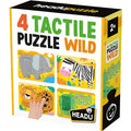 Caixa do Headu Puzzle Táctil Savana, mostrando os 4 puzzles de animais (elefante, zebra, leopardo, crocodilo) e texturas.