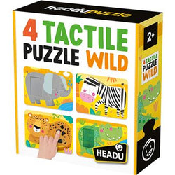 Caixa do Headu Puzzle Táctil Savana, mostrando os 4 puzzles de animais (elefante, zebra, leopardo, crocodilo) e texturas.