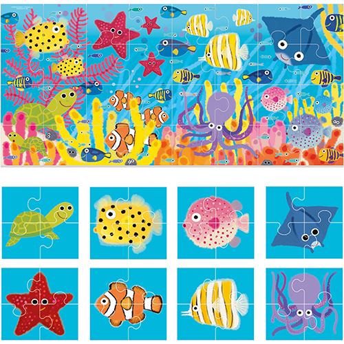 Vista completa do puzzle Headu The Sea montado, mostrando o cenário marinho e as 8 figuras individuais de animais.