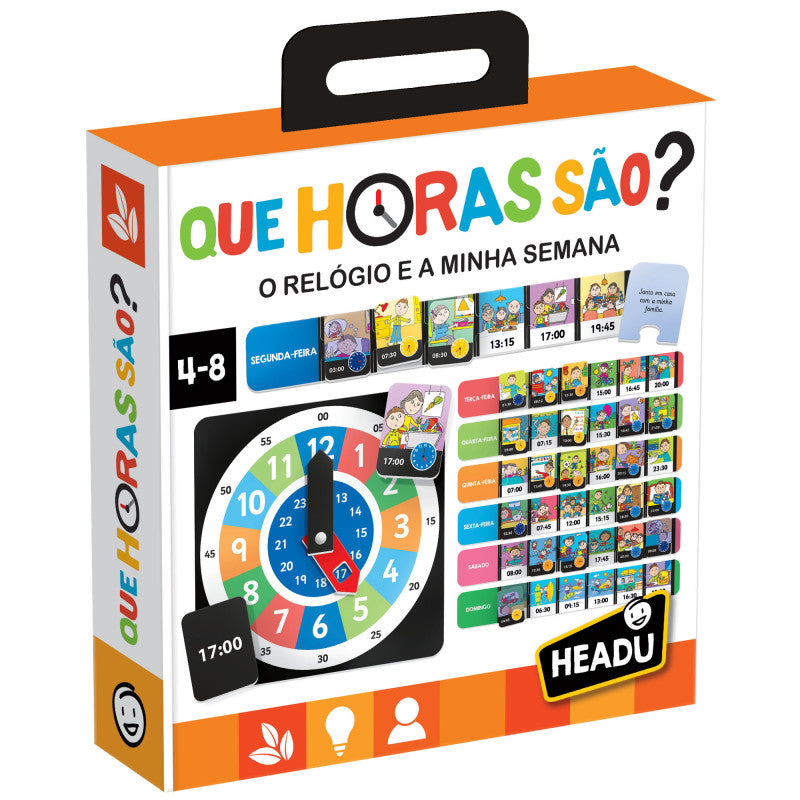 Caixa do jogo educativo "Que Horas São?" da Headu, mostrando o relógio didático e as cartelas das rotinas diárias.