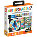 Caixa do jogo educativo "Que Horas São?" da Headu, mostrando o relógio didático e as cartelas das rotinas diárias.
