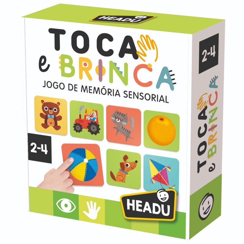Caixa do jogo Headu - Toca e Brinca Jogo de Memória Sensorial, mostrando as peças e a faixa etária recomendada.