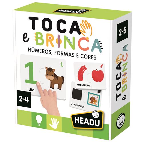 Caixa do jogo Headu Toca e Brinca Números, Forma e Cores mostrando exemplos de peças de associação para números, formas e cores.