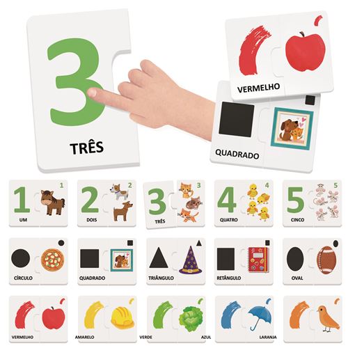 Conjunto das peças do jogo Headu Toca e Brinca Números, Forma e Cores espalhadas, mostrando as associações de números com imagens, formas com objetos e cores com exemplos.