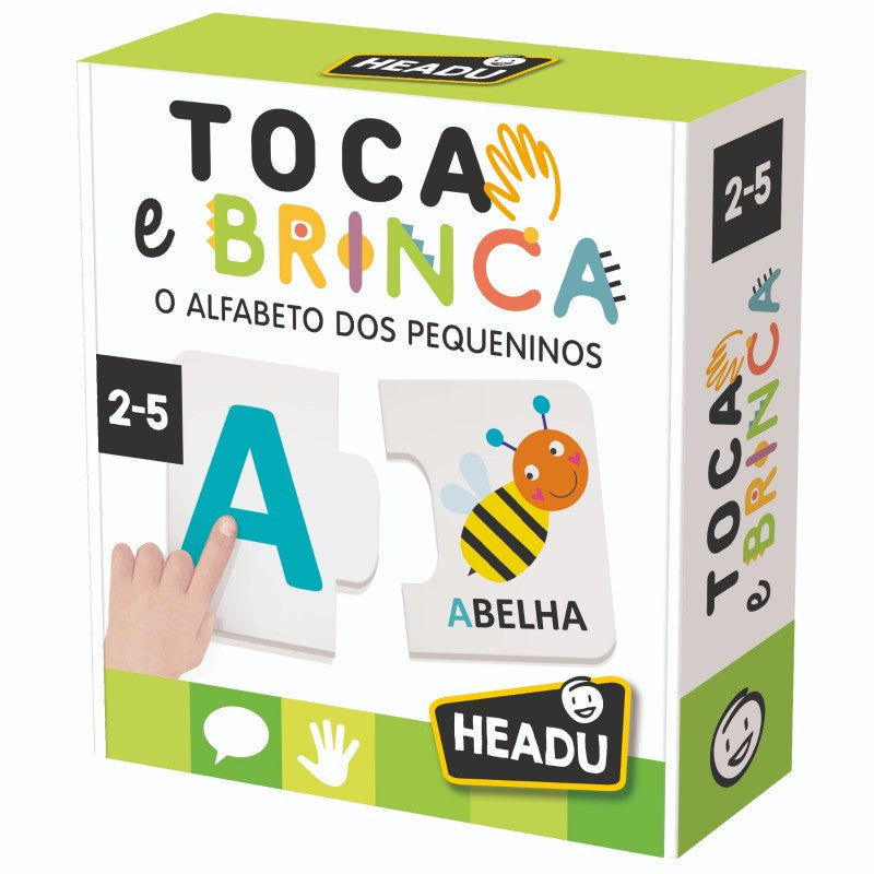 Caixa do jogo educativo Headu Toca e Brinca O Alfabeto dos Pequeninos, mostrando a letra A e uma abelha.