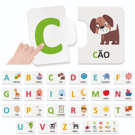 Caixa do jogo educativo Headu Toca e Brinca O Alfabeto dos Pequeninos, mostrando a letra A e uma abelha.