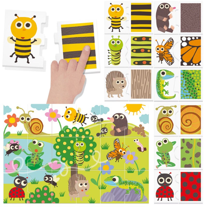 Imagem do jogo Headu Toca e Observa com várias peças de animais, texturas e o puzzle completo do jardim, mostrando uma mão a tocar numa textura.