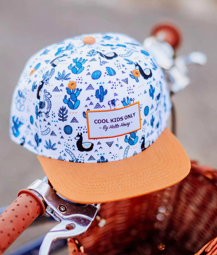 Detalhe do boné Hello Hossy Lama em cesto de bicicleta. Padrão lamas, cactos, montanhas.