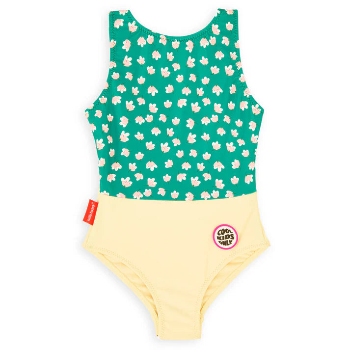 Fato de banho para menina Hello Hossy Garden Joy com padrão floral colorido e proteção solar UPF 50+.