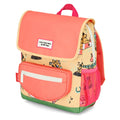 Mochila infantil Hello Hossy Unicorn bege com aba coral, bolso frontal e alças verde para crianças
