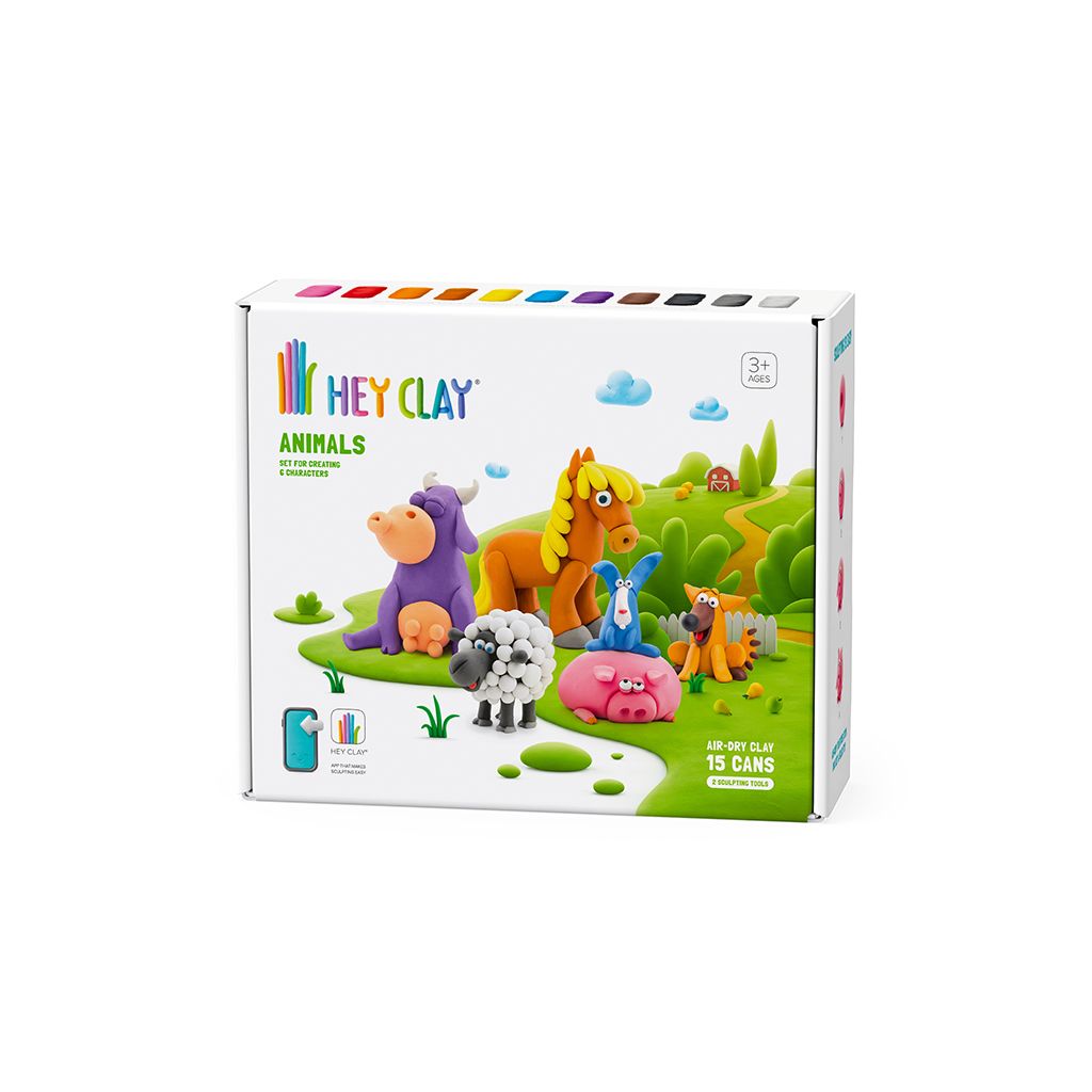 Caixa do conjunto de modelar HEY CLAY Animais, mostrando as seis figuras criadas (touro roxo, cavalo, ovelha, porco, coelho azul e cão) e a indicação de 15 latas de pasta e idade 3+.