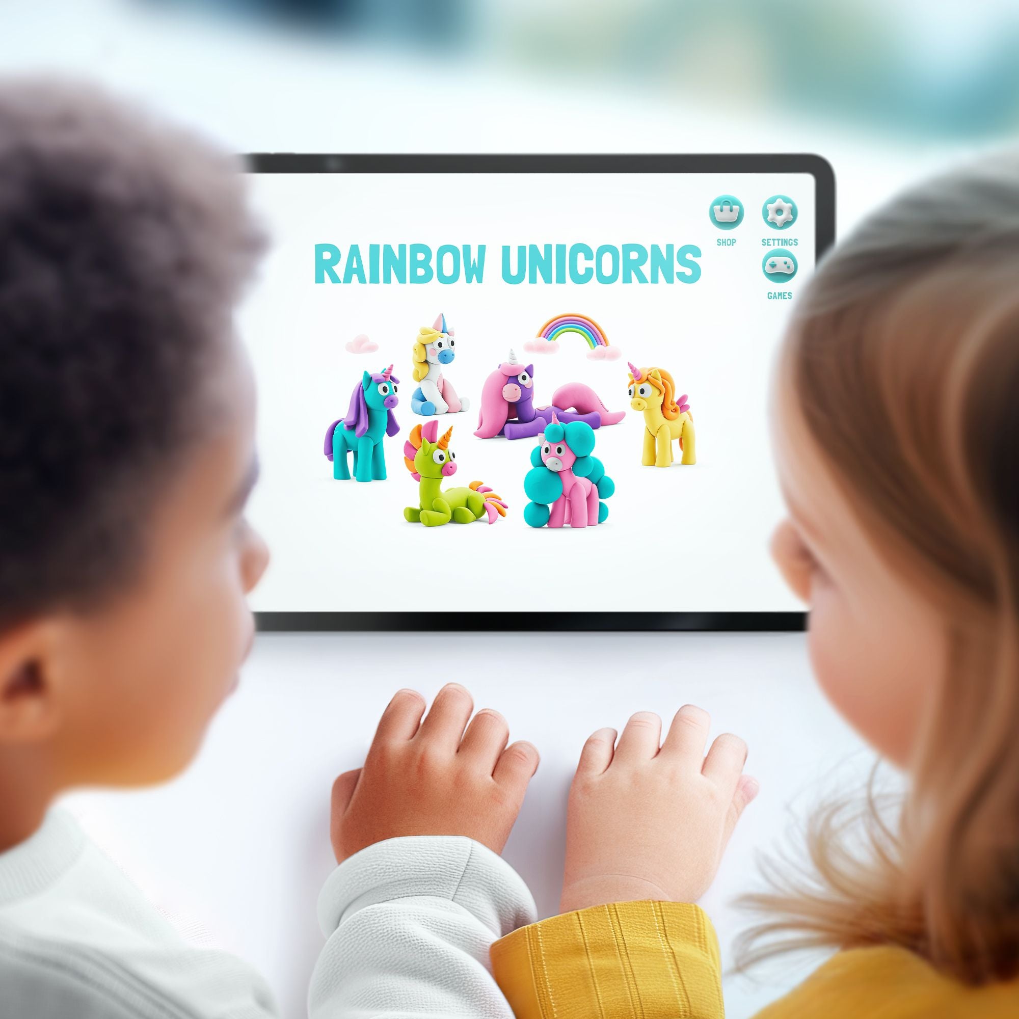 Duas crianças observam um tablet que exibe a interface da aplicação HEY CLAY com vários modelos de unicórnios coloridos prontos a serem criados.