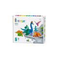 Caixa do kit HEY CLAY Dinossauros com 15 latas de pasta colorida e figuras de dinossauros modeladas em cima. Idade recomendada +3 anos.
