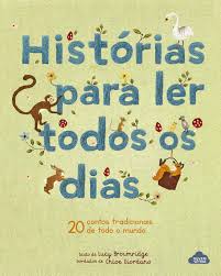 Capa do livro "Histórias para ler todos os dias" com letras azuis sobre fundo verde claro, decorada com ilustrações de animais bordados como macaco, cisne e coelho.