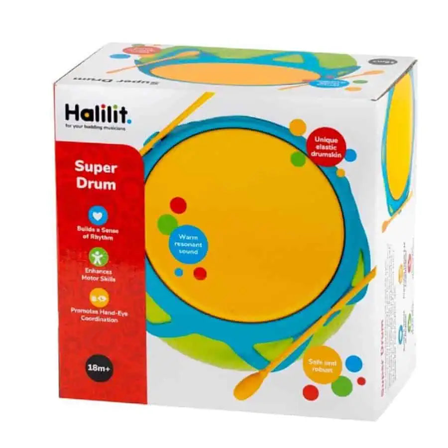 Caixa de embalagem do Super Tambor Halilit, destacando o produto, a marca e as indicações de idade (18m+).