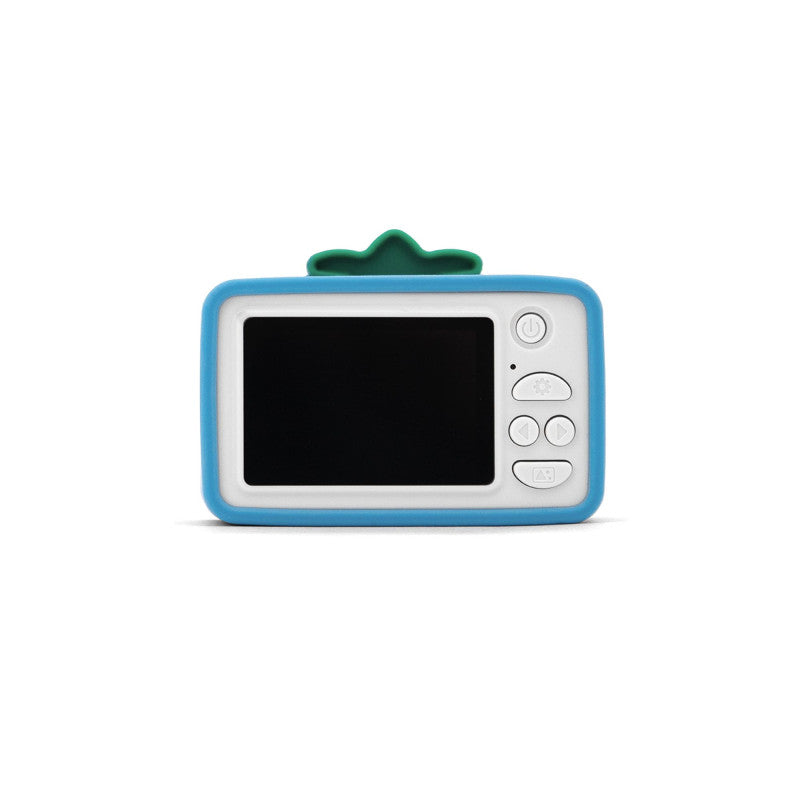 Vista traseira da máquina fotográfica digital Hoppstar Rookie Bluebelle, com o ecrã desligado e os botões de controlo visíveis.