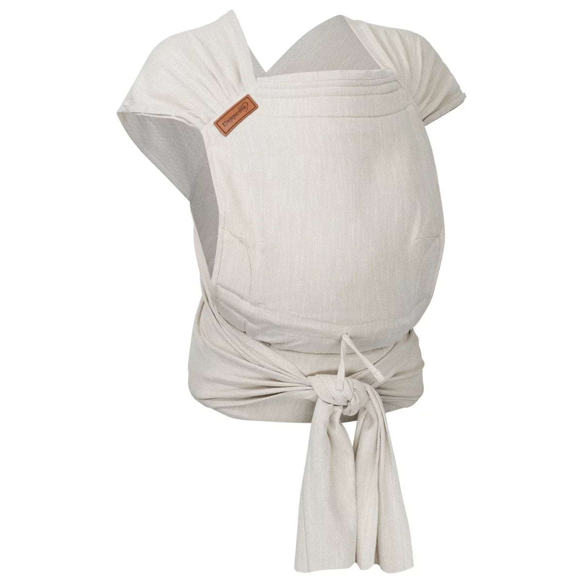 Porta-bebés half-buckle Hoppediz Hop-Tye Advanced em cor creme, com alças de pano cruzadas e um laço na cintura.