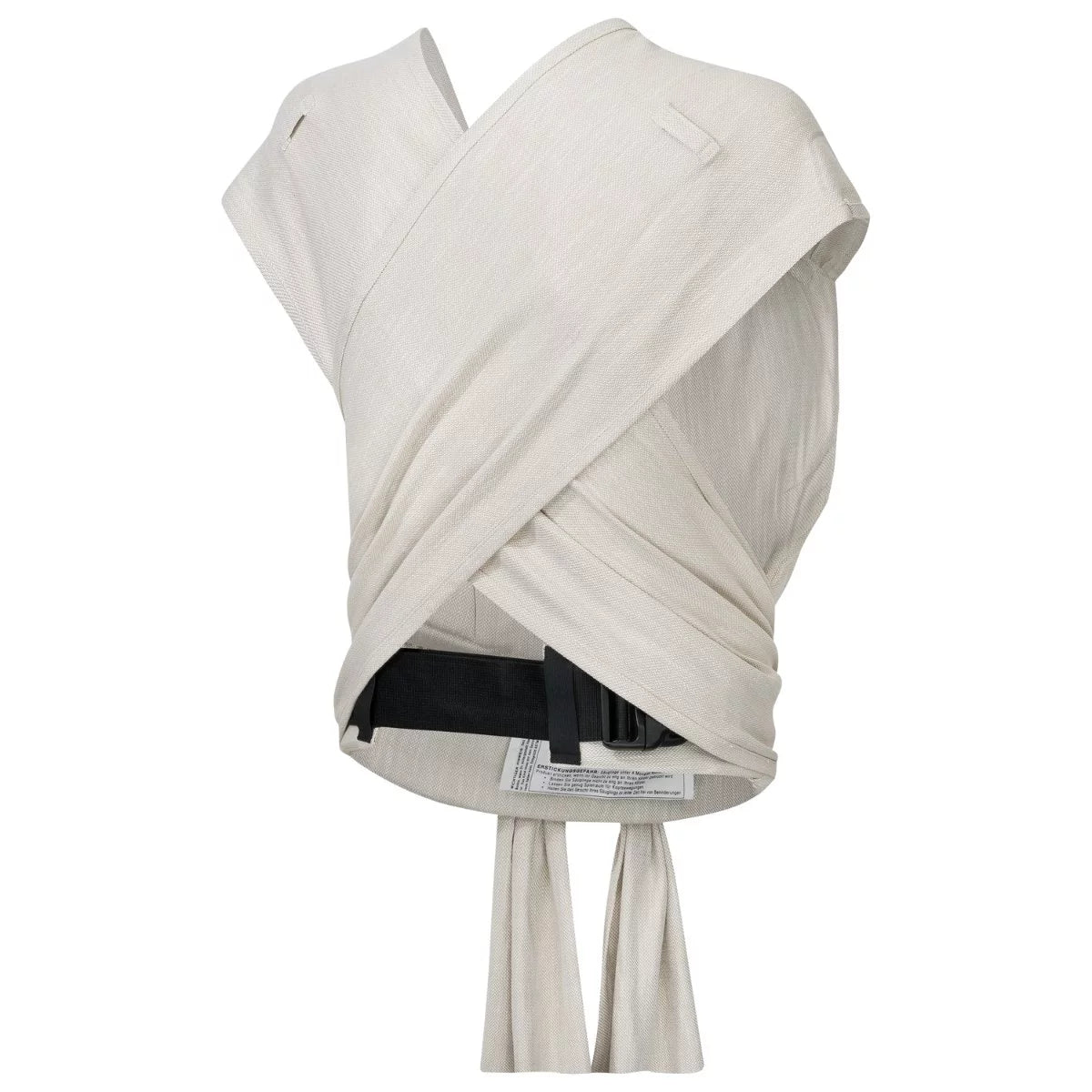 Vista traseira do porta-bebés half-buckle Hoppediz Hop-Tye Advanced, mostrando a fivela preta na cintura e as alças de pano a cruzar.